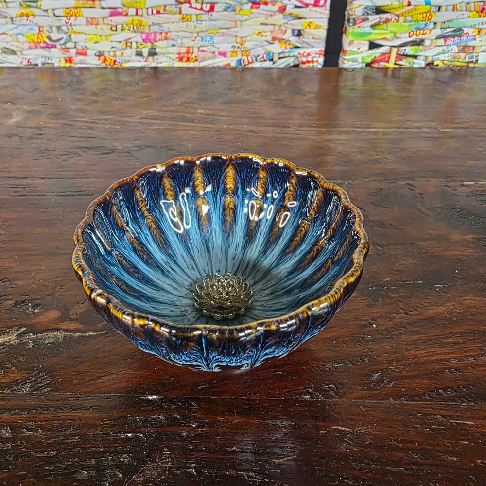 Jianzhan Tenmoku Teacup W/ 3D Silver Lotus Decoration Black Blue Tenmoku Glaze
